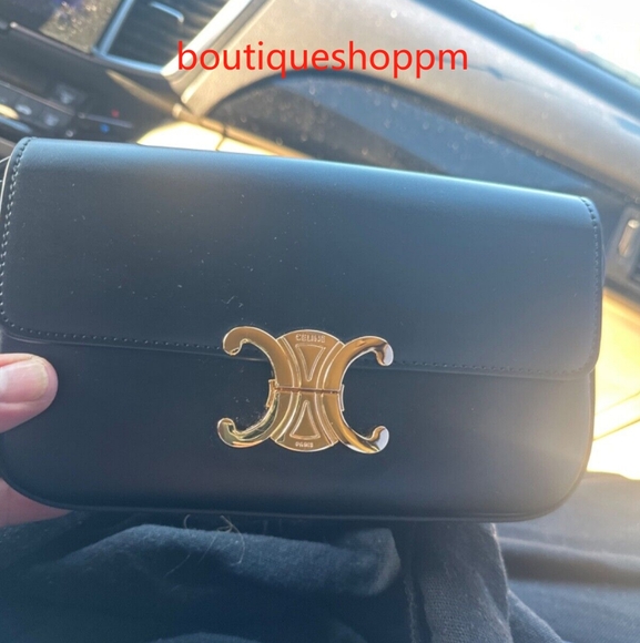 💎✨Nice offer✨💎Celine Triomphe Bag Black Glazed Calfskin Bag